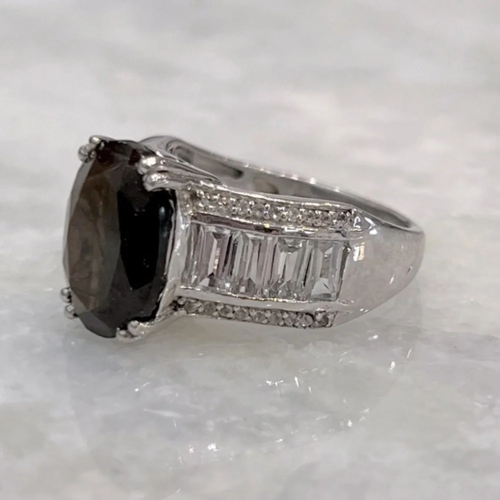 Chocolate Sapphire White Topaz Sterling Silver Ring Sz 8